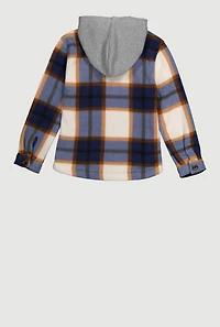 Girls Sherpa Lined Plaid Fleece Hooded Shacket