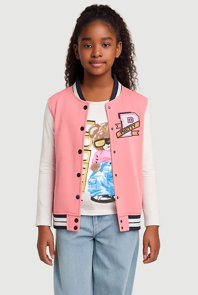 Girls Pretty Graphic Varsity Vest and Long Sleeve Tee, Pink, Size 14-16