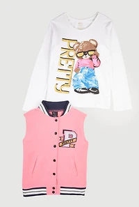 Girls Pretty Graphic Varsity Vest and Long Sleeve Tee, Pink, Size 7-8