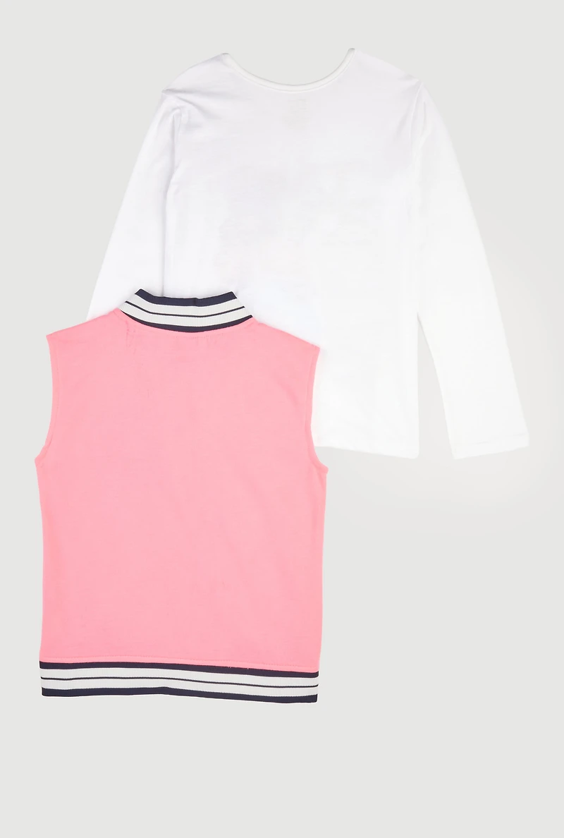 Girls Pretty Graphic Varsity Vest and Long Sleeve Tee, Pink, Size 14-16
