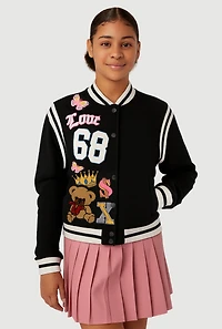 Girls Chenille 68 Bear Patch Graphic Varsity Jacket, Black, Size 14-16