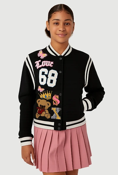 Girls Chenille 68 Bear Patch Graphic Varsity Jacket, Black, Size 7-8