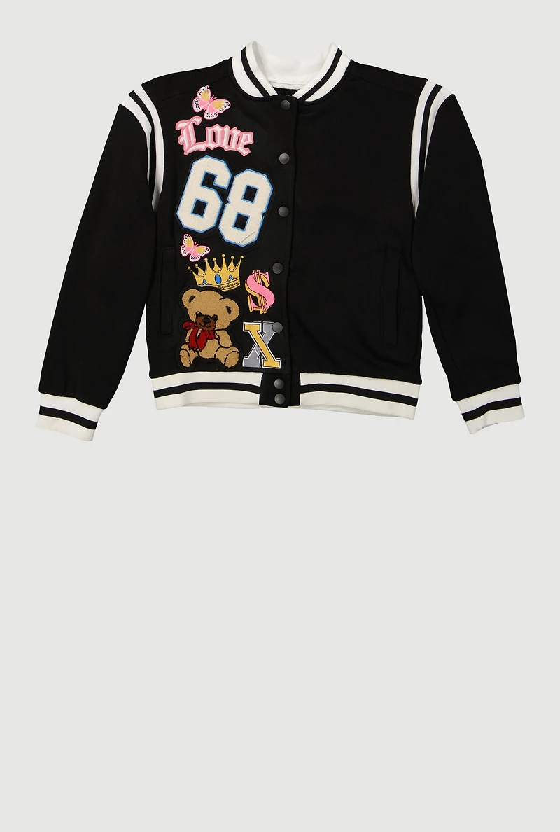Girls Chenille 68 Bear Patch Graphic Varsity Jacket, Black, Size 14-16