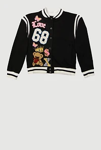 Girls Chenille 68 Bear Patch Graphic Varsity Jacket, Black, Size 14-16