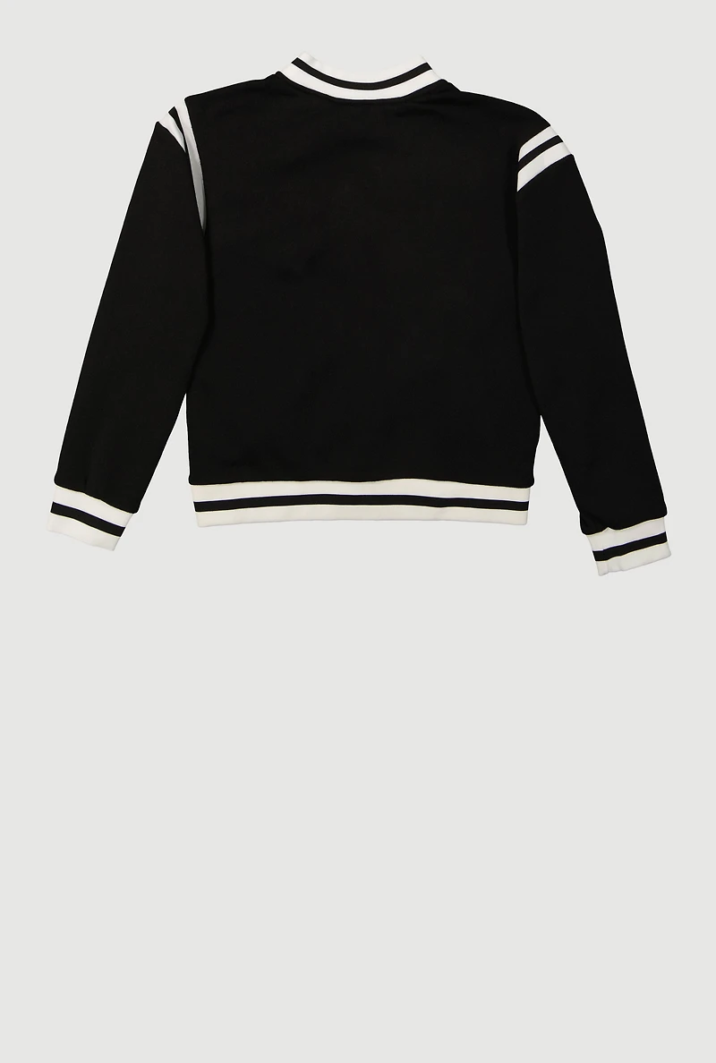Girls Chenille 68 Bear Patch Graphic Varsity Jacket, Black, Size 14-16