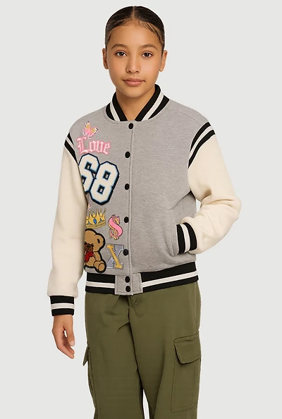 Girls Chenille 68 Bear Patch Graphic Varsity Jacket, Grey, Size 7-8