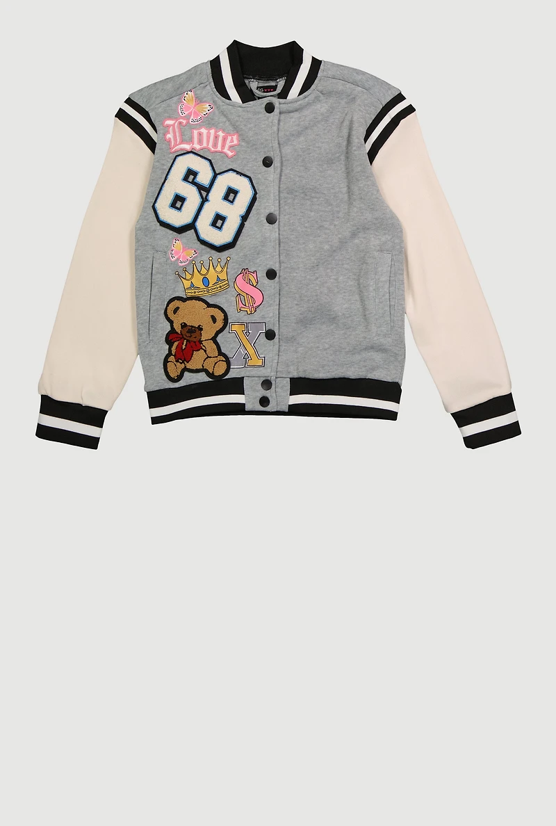 Girls Chenille 68 Bear Patch Graphic Varsity Jacket, Grey, Size 7-8