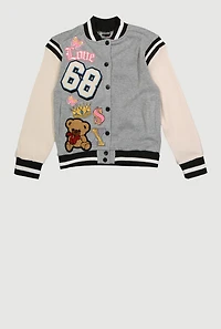 Girls Chenille 68 Bear Patch Graphic Varsity Jacket, Grey, Size 7-8