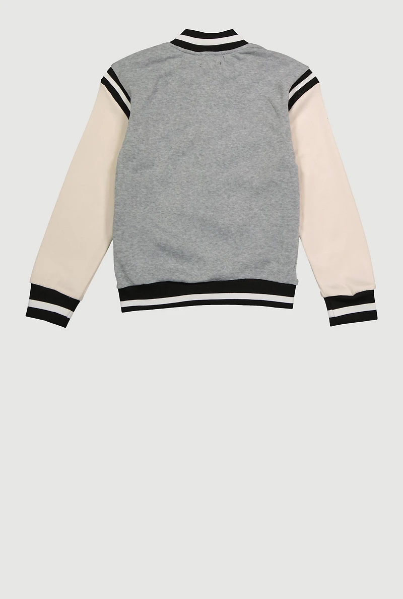 Girls Chenille 68 Bear Patch Graphic Varsity Jacket, Grey, Size 7-8