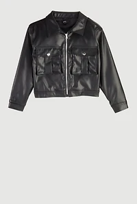 Girls Faux Leather Cargo Pocket Zip Front Jacket, Black,
