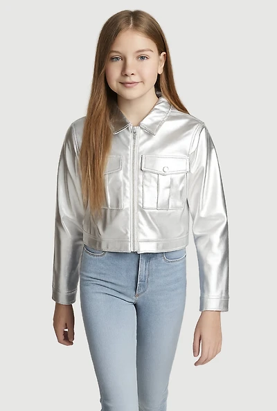 Girls Faux Leather Cargo Pocket Zip Front Jacket, Grey, Size 10-12