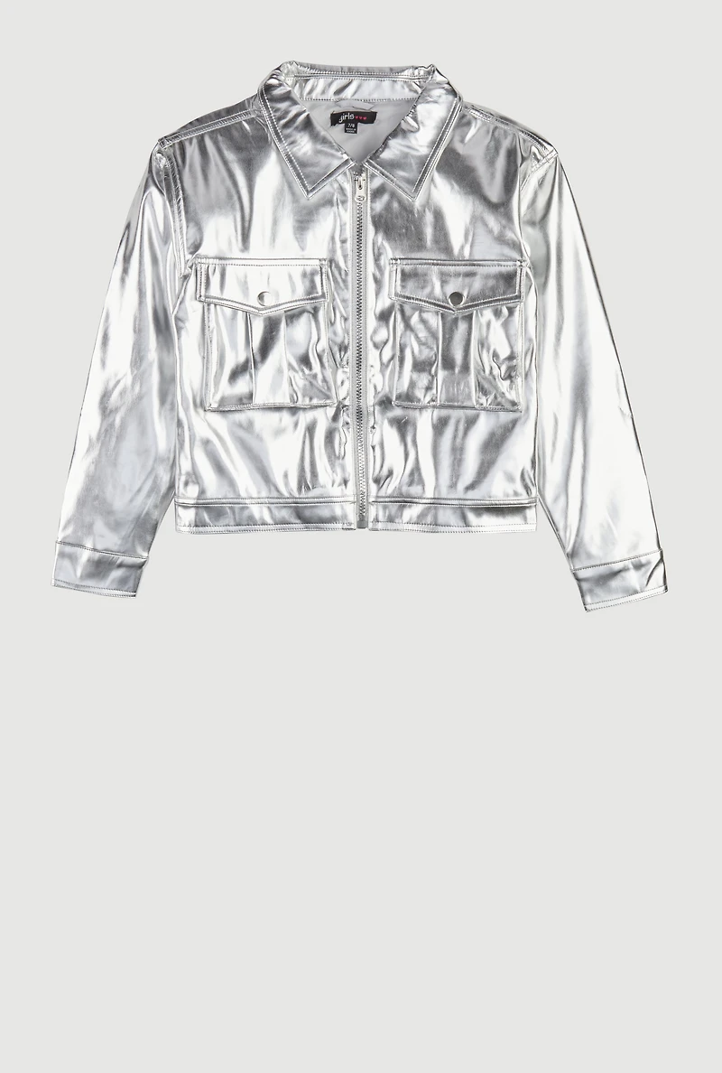 Girls Faux Leather Cargo Pocket Zip Front Jacket, Grey, Size 14-16