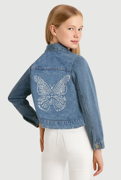 Girls Rhinestone Butterfly Acid Wash Denim Jacket, Blue,
