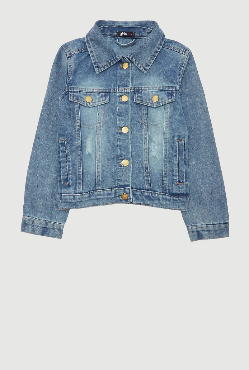 Girls Rhinestone Butterfly Acid Wash Denim Jacket, Blue,