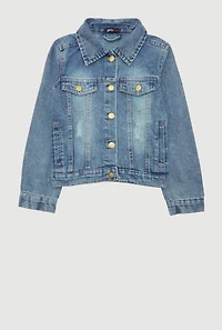 Girls Rhinestone Butterfly Acid Wash Denim Jacket, Blue,