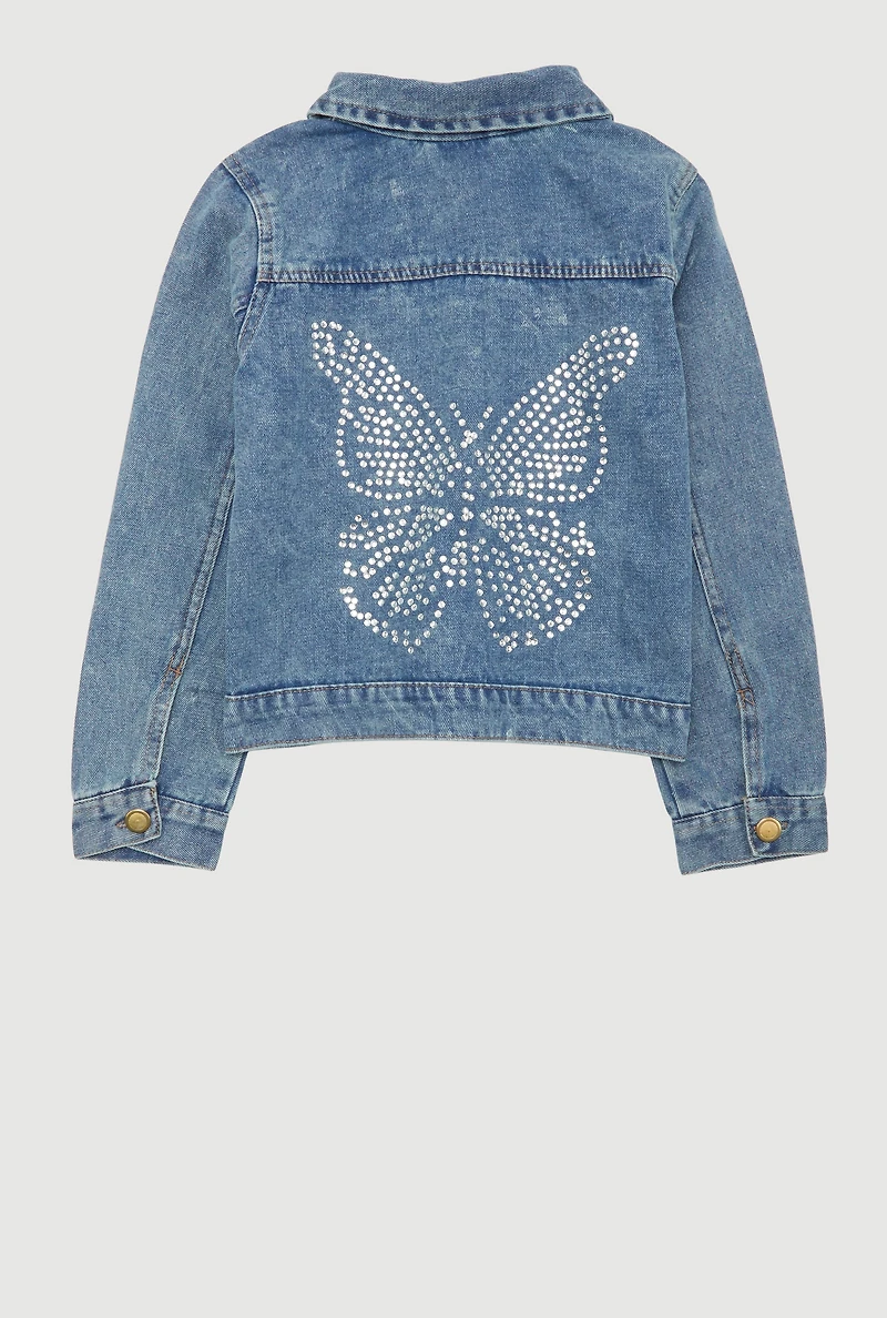 Girls Rhinestone Butterfly Acid Wash Denim Jacket, Blue,