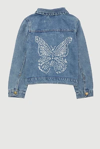 Girls Rhinestone Butterfly Acid Wash Denim Jacket, Blue,