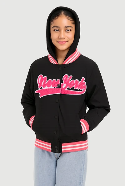 Girls Chenille New York Hooded Varsity Jacket, Black, Size 10-12