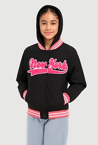 Girls Chenille New York Hooded Varsity Jacket