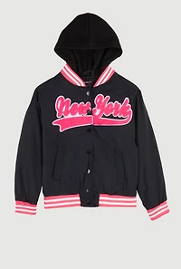 Girls Chenille New York Hooded Varsity Jacket, Black, Size 10-12