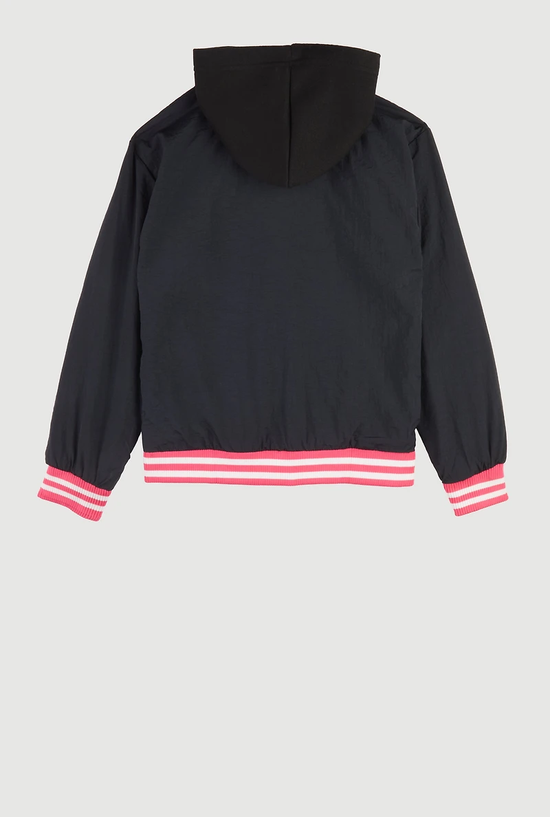 Girls Chenille New York Hooded Varsity Jacket, Black, Size 10-12