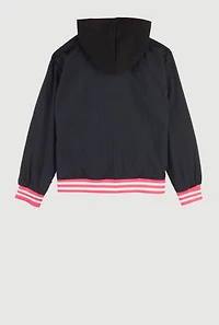 Girls Chenille New York Hooded Varsity Jacket, Black, Size 10-12
