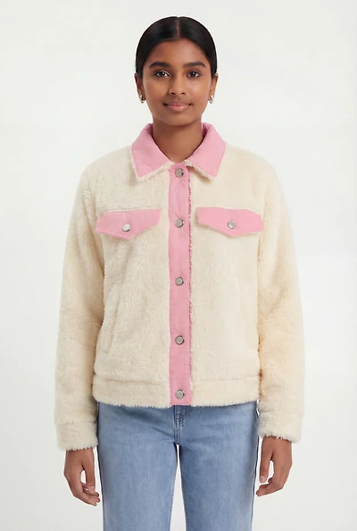 Girls Contrast Trim Sherpa Jacket
