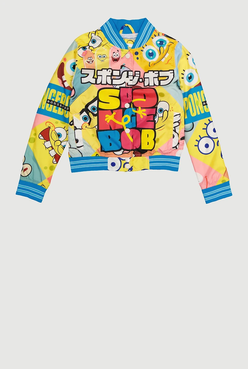 Girls SpongeBob Graphic Windbreaker Varsity Jacket, Yellow, Size 14-16