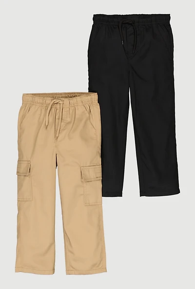 Little Boys Drawstring Waist Cargo Pocket Pants 2 Pack