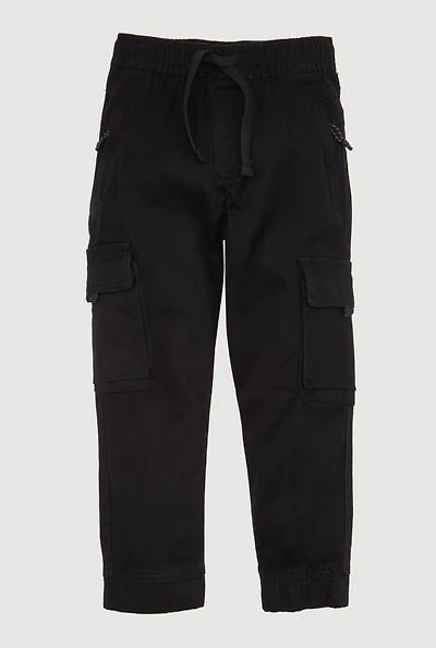 Little Boys Drawstring Waist Zip Pocket Cargo Joggers, Black,