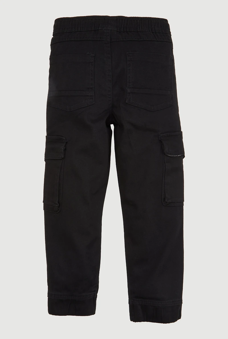 Little Boys Drawstring Waist Zip Pocket Cargo Joggers, Black, Size 5