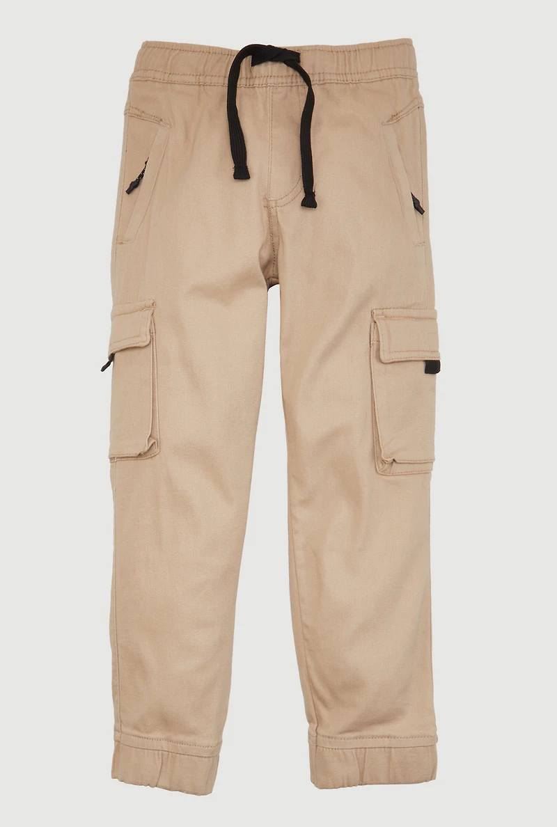 Little Boys Drawstring Waist Zip Pocket Joggers, Khaki, Size 5
