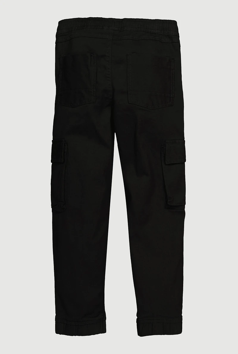 Boys Twill Drawstring Waist Zip Pocket Joggers, Black, Size 8