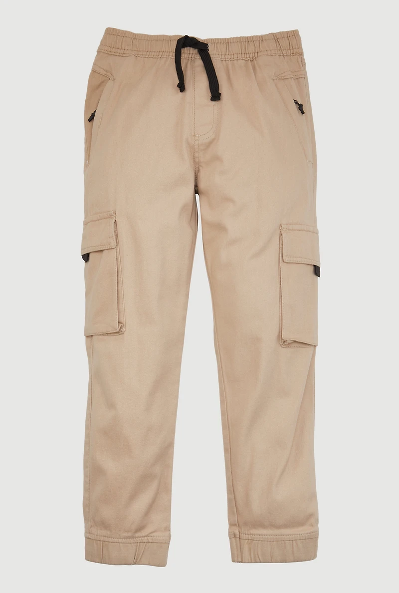 Boys Drawstring Waist Cargo Joggers, Khaki,