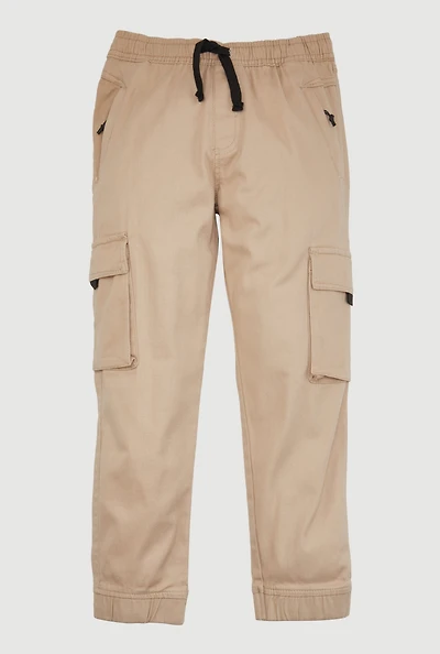 Boys Drawstring Waist Cargo Joggers, Khaki,