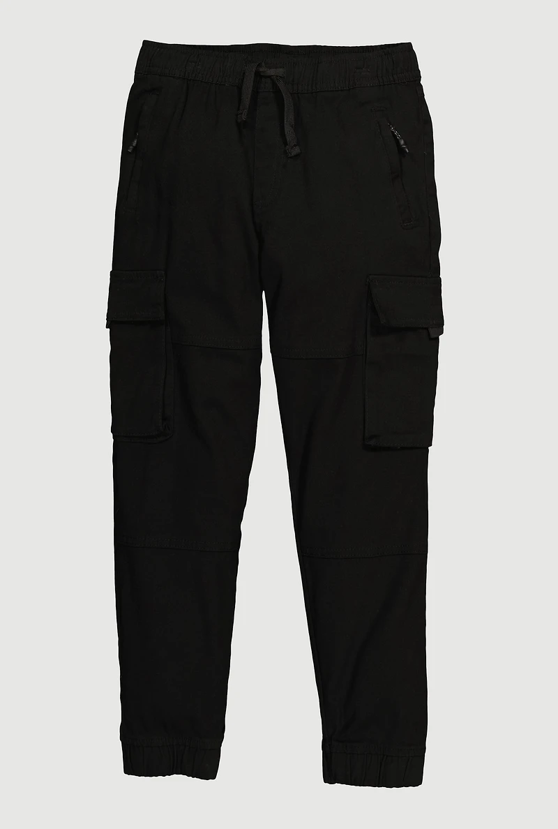 Boys Twill Drawstring Waist Zip Front Cargo Joggers, Black, Size 10