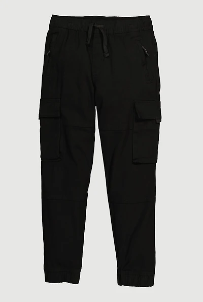 Boys Twill Drawstring Waist Zip Front Cargo Joggers, Black, Size 10