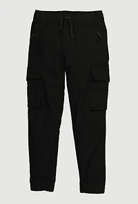 Boys Twill Drawstring Waist Zip Front Cargo Joggers, Black, Size 10