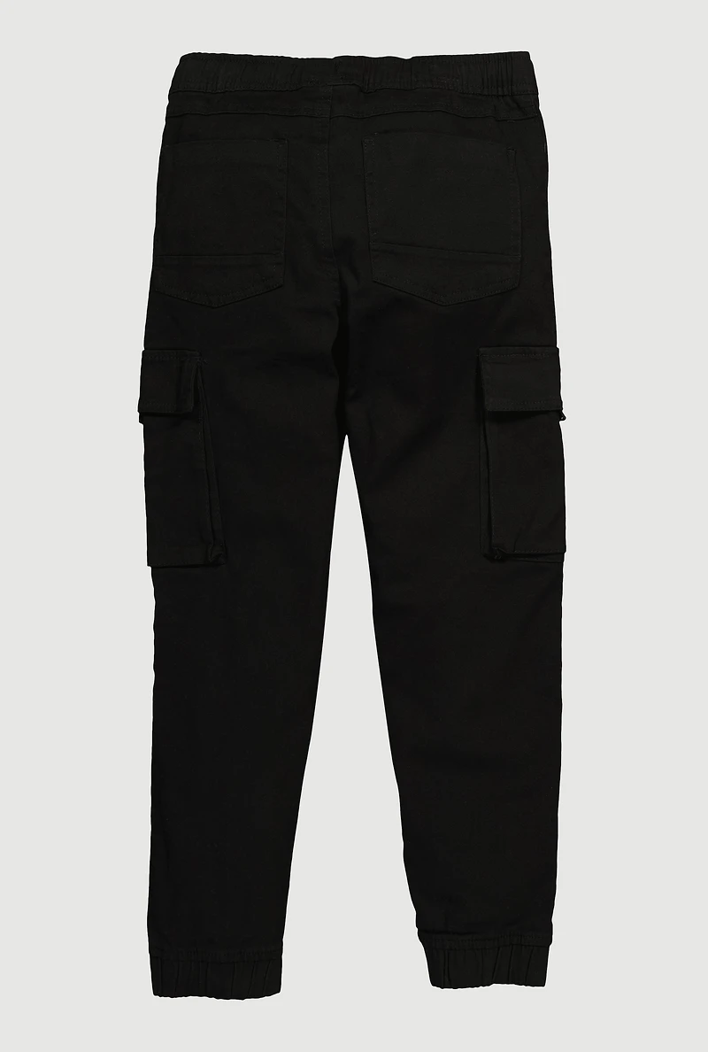 Boys Twill Drawstring Waist Zip Front Cargo Joggers, Black,