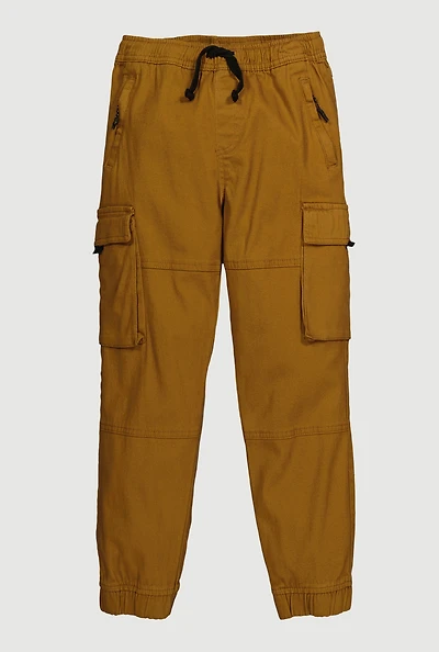 Boys Twill Drawstring Waist Zip Pocket Cargo Joggers, Khaki, Size 8
