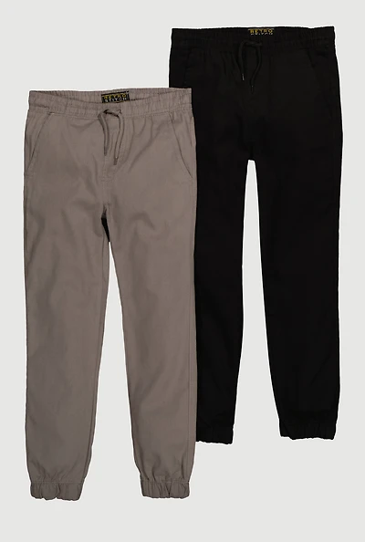 Boys Drawstring Waist Twill Joggers 2 Pack, Multi,