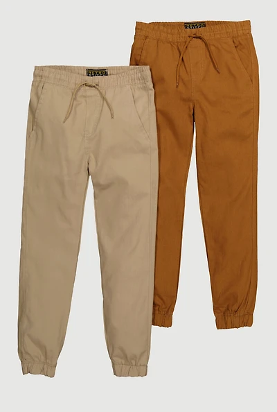 Boys Twill Drawstring Waist Joggers 2 Pack, Khaki, Size 8