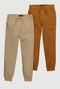 Boys Twill Drawstring Waist Joggers 2 Pack, Khaki, Size 10-12