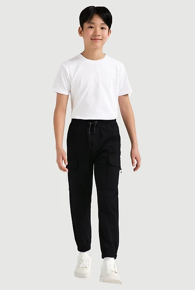 Boys Solid Twill Cargo Joggers with D-Ring Buckles, Black, Size 18