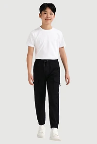 Boys Solid Twill Cargo Joggers with D-Ring Buckles, Black, Size 18
