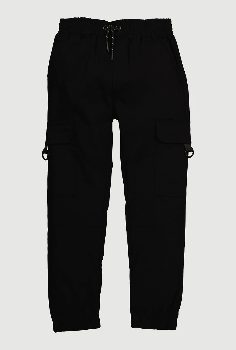 Boys Solid Twill Cargo Joggers with D-Ring Buckles, Black, Size 18