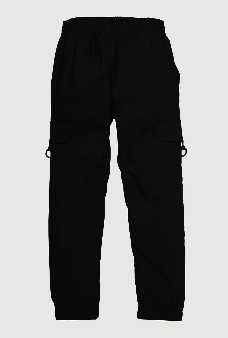 Boys Solid Twill Cargo Joggers with D-Ring Buckles, Black, Size 8