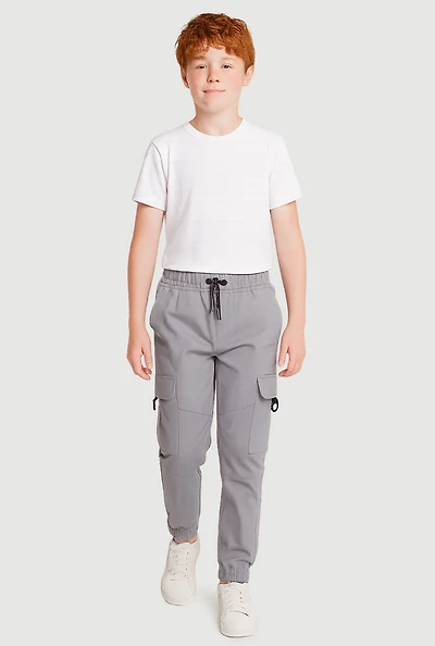 Boys Solid Drawstring Cargo Joggers, Grey,