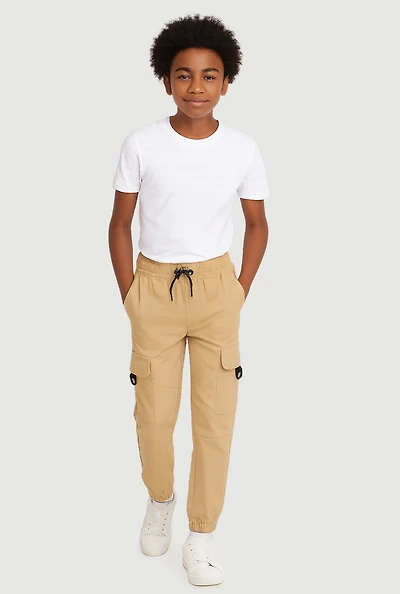 Boys Drawstring Cargo Joggers, Khaki, Size 14-16