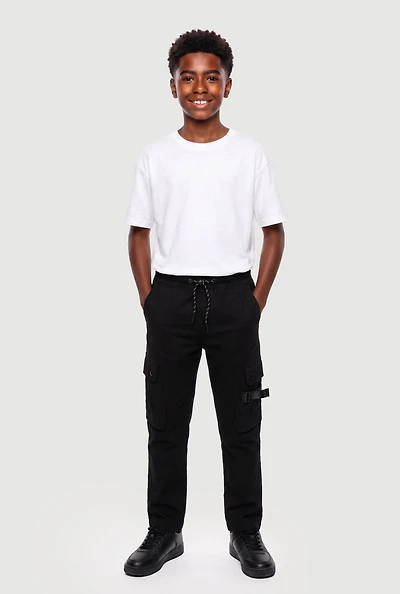 Boys Drawstring Buckle Strap Cargo Pants